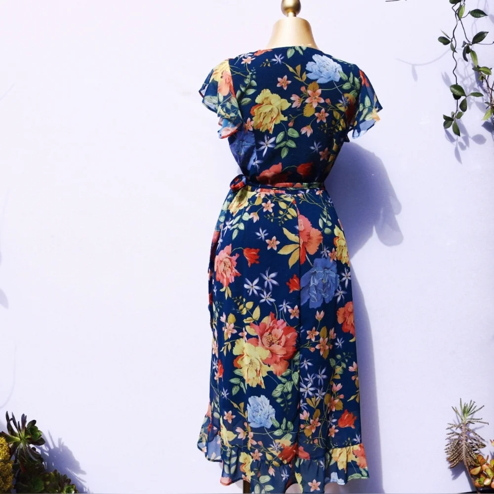 Sweet Pea New York by Stacy Frati High Low Ruffle Wrap Dress, Floral Medium - Picture 8 of 11